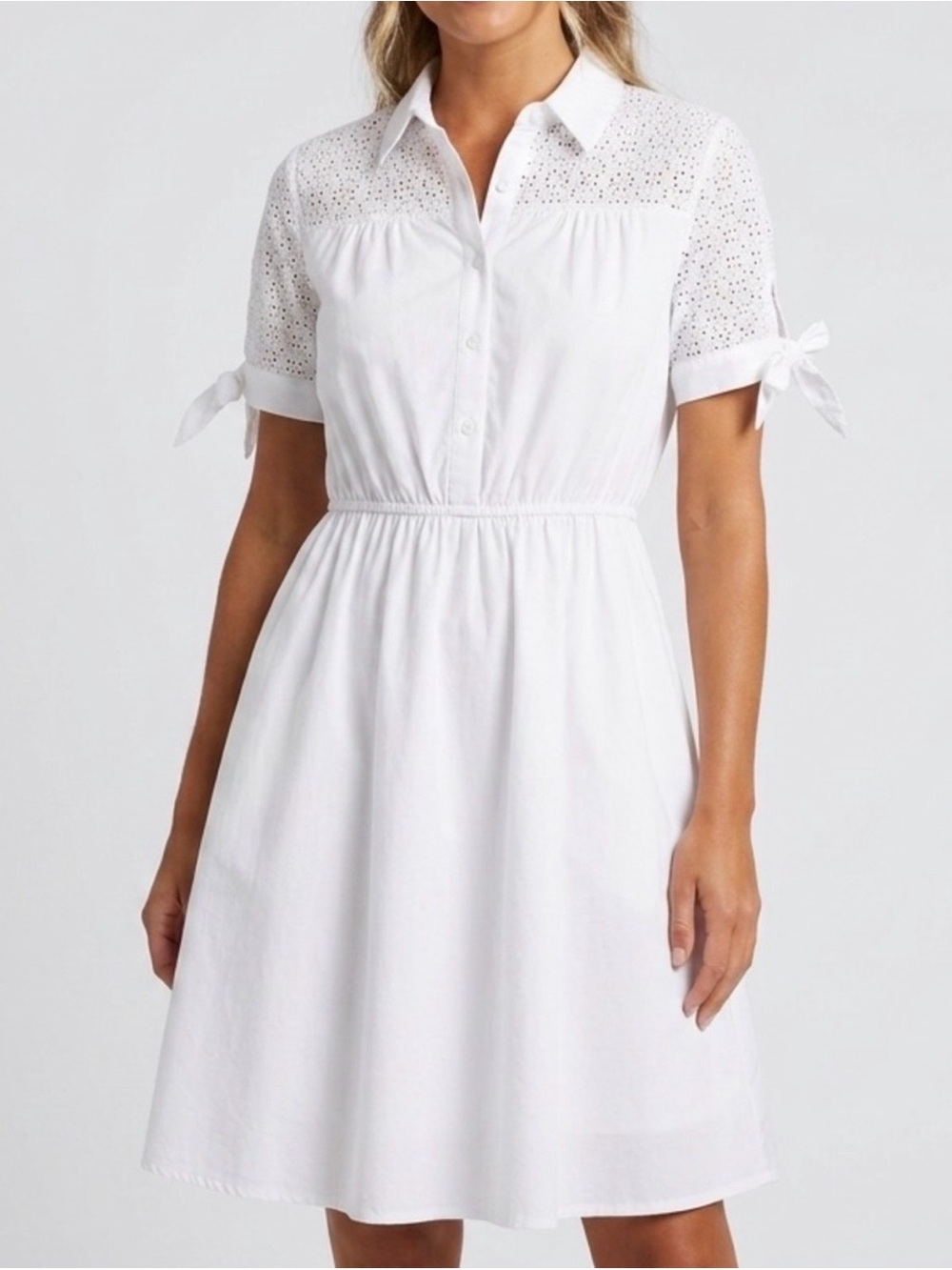 Monteau Los Angeles White Eyelet Lace Shirt Dress Size L Cottagecore Summer
